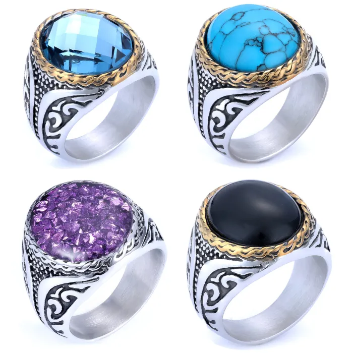 Stainless Steel Gemstone Ring – Polished Unisex Fashion Finger Ring | Ready Stock Jewelry | Wholesale Available