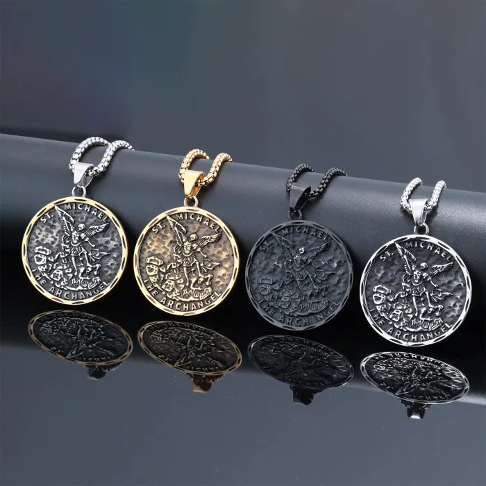 Archangel Michael Pendant – Punk Vintage Round Stainless Steel Necklace for Men | Tarnish-Free | Ready Stock