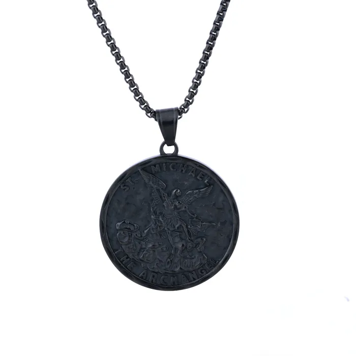 Archangel Michael Pendant – Punk Vintage Round Stainless Steel Necklace for Men | Tarnish-Free | Ready Stock