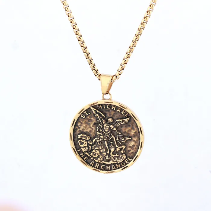 Archangel Michael Pendant – Punk Vintage Round Stainless Steel Necklace for Men | Tarnish-Free | Ready Stock