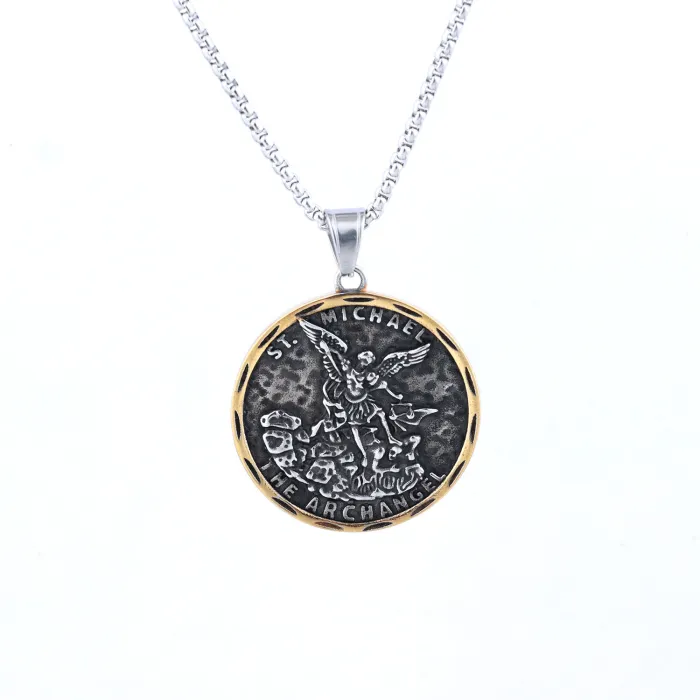 Archangel Michael Pendant – Punk Vintage Round Stainless Steel Necklace for Men | Tarnish-Free | Ready Stock