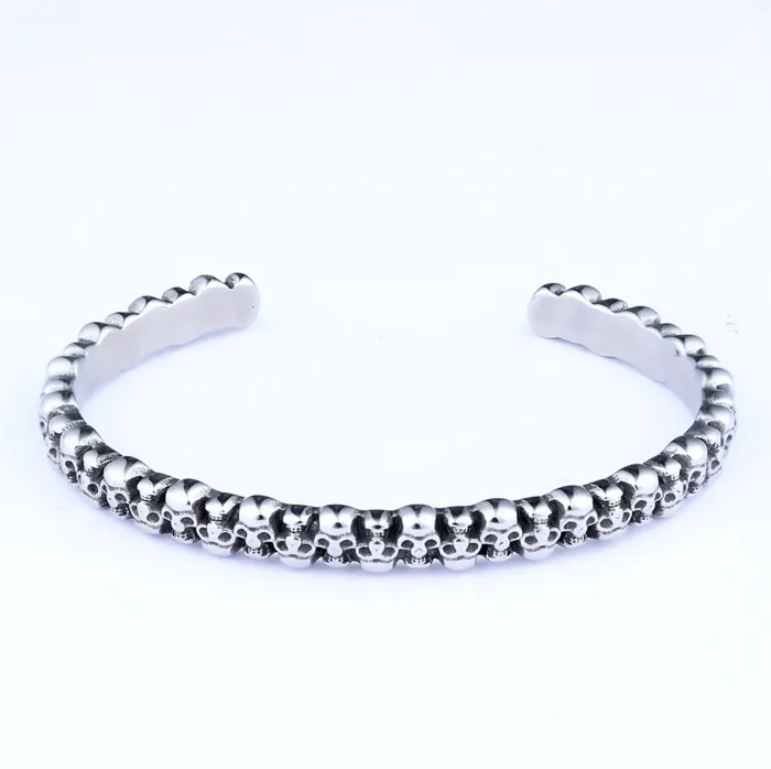 Punk Style Full-Skull Cuff Bracelet – Vintage Steel Color Open Bangle for Men | Gothic Beaded Design | Titanium Steel | Wholesale