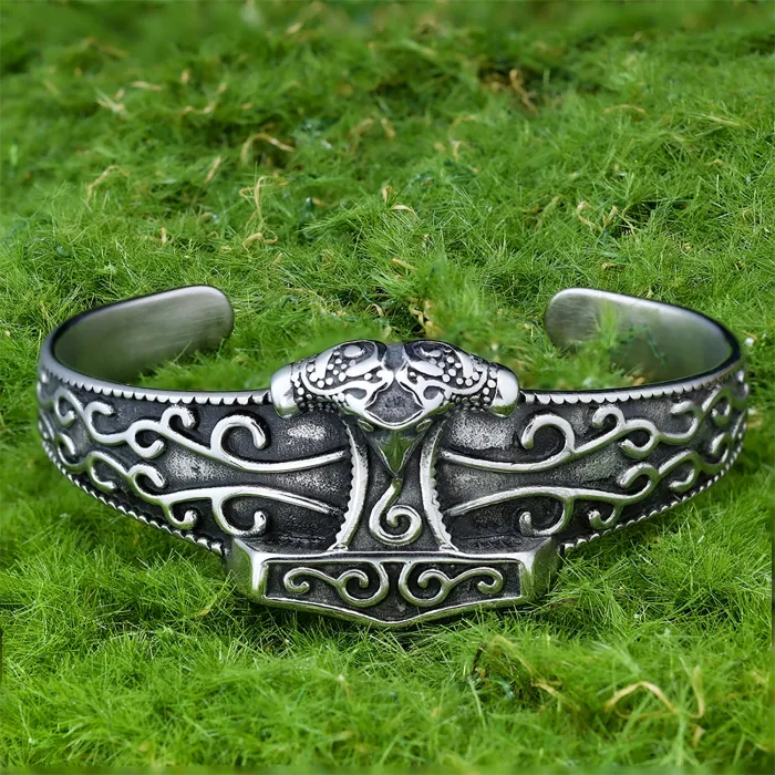 Viking Thor's Hammer Cuff Bracelet – Men's Open C-Shaped Bangle in Stainless Steel | Norse Style Jewelry | Masculine Accessories | Wholesale
