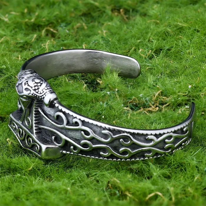 Viking Thor's Hammer Cuff Bracelet – Men's Open C-Shaped Bangle in Stainless Steel | Norse Style Jewelry | Masculine Accessories | Wholesale