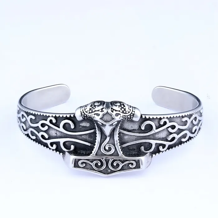 Viking Thor's Hammer Cuff Bracelet – Men's Open C-Shaped Bangle in Stainless Steel | Norse Style Jewelry | Masculine Accessories | Wholesale