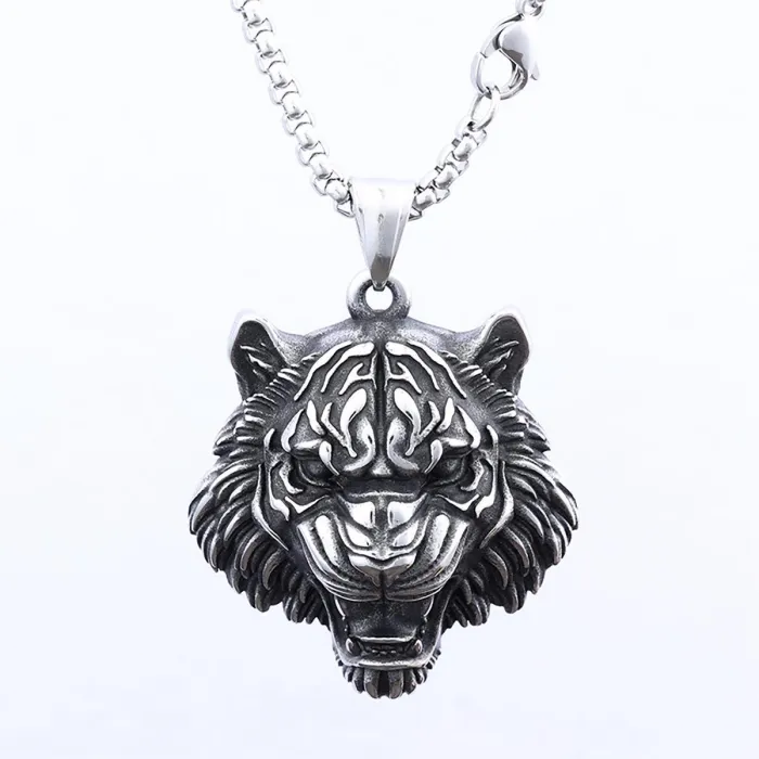 Viking Tiger Head Pendant – Polished Stainless Steel Norse Amulet for Men | Retro Nordic Style | Wholesale Jewelry