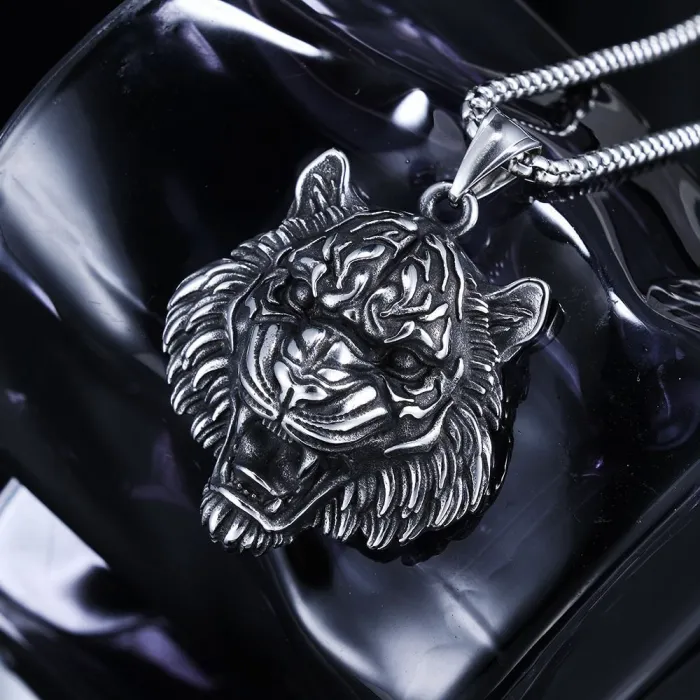 Viking Tiger Head Pendant – Polished Stainless Steel Norse Amulet for Men | Retro Nordic Style | Wholesale Jewelry