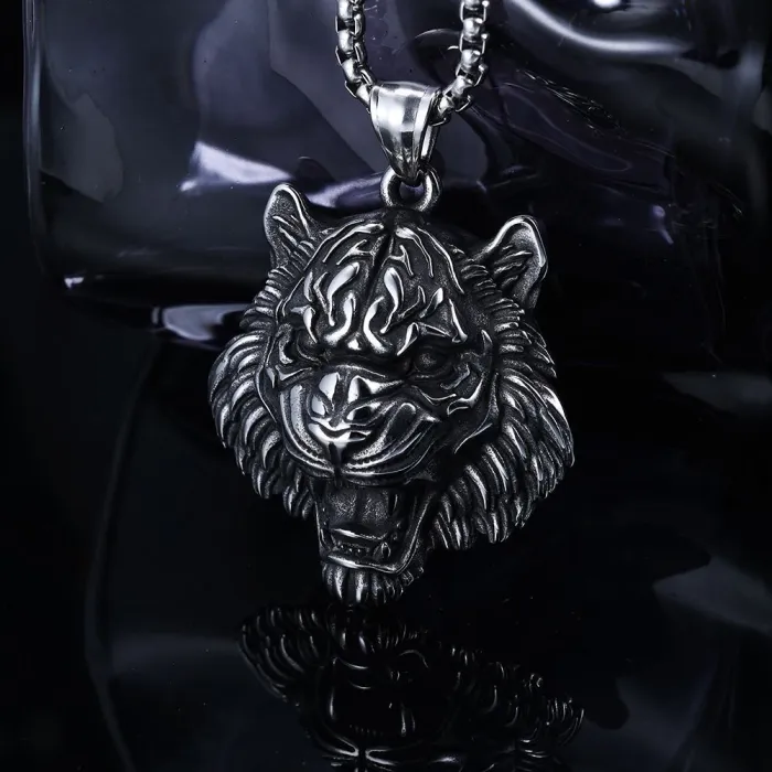 Viking Tiger Head Pendant – Polished Stainless Steel Norse Amulet for Men | Retro Nordic Style | Wholesale Jewelry