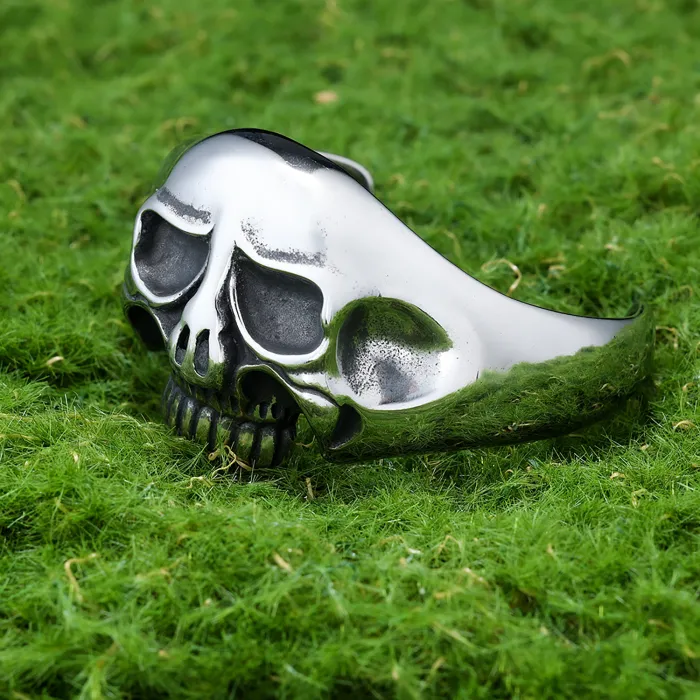 Punk Skull Cuff Bracelet – Bold Large Skull Design in Stainless Steel | Open C-Shape Bangle for Men | Gothic Rock Style | Wholesale