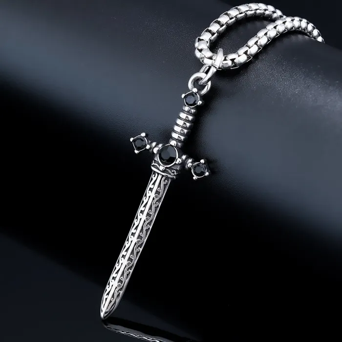 Hot-Selling Stainless Steel Sword Pendant – Fashionable Zircon Inlaid Long Blade Design | Punk Gothic Necklace | Wholesale Jewelry