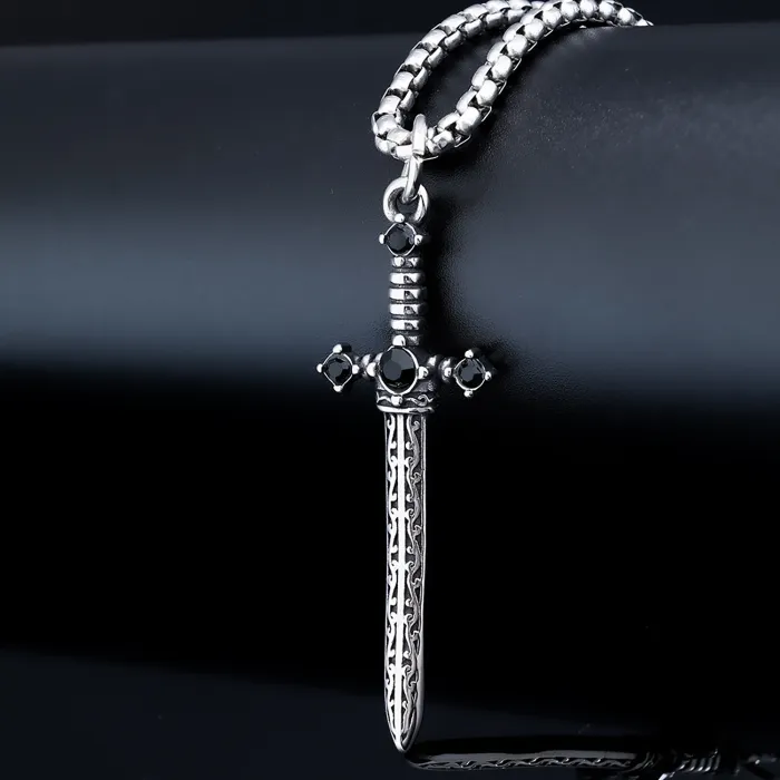 Hot-Selling Stainless Steel Sword Pendant – Fashionable Zircon Inlaid Long Blade Design | Punk Gothic Necklace | Wholesale Jewelry