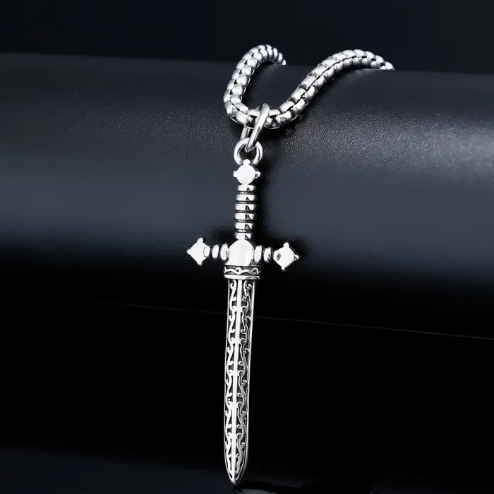Hot-Selling Stainless Steel Sword Pendant – Fashionable Zircon Inlaid Long Blade Design | Punk Gothic Necklace | Wholesale Jewelry
