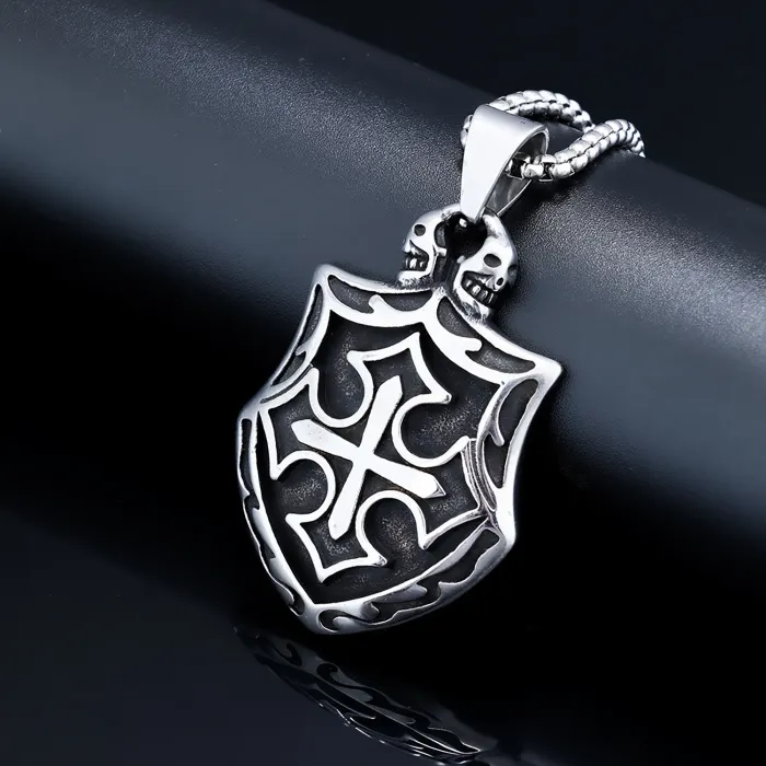Stainless Steel Men's Cross Shield Pendant Necklace – Gothic Punk Style with Vintage Totem | Retro Fashion Jewelry | In Stock | Wholesale