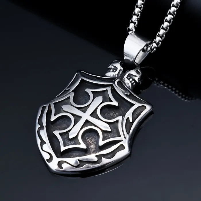 Stainless Steel Men's Cross Shield Pendant Necklace – Gothic Punk Style with Vintage Totem | Retro Fashion Jewelry | In Stock | Wholesale