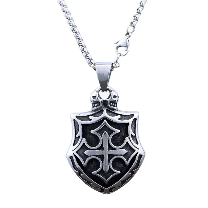 Stainless Steel Men's Cross Shield Pendant Necklace – Gothic Punk Style with Vintage Totem | Retro Fashion Jewelry | In Stock | Wholesale