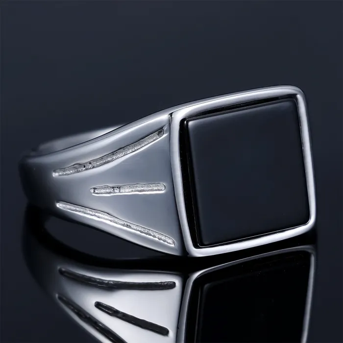 Black Gemstone Ring – Minimalist Retro High-Street Style Stainless Steel Fashion Jewelry | Unisex Statement Ring | Wholesale