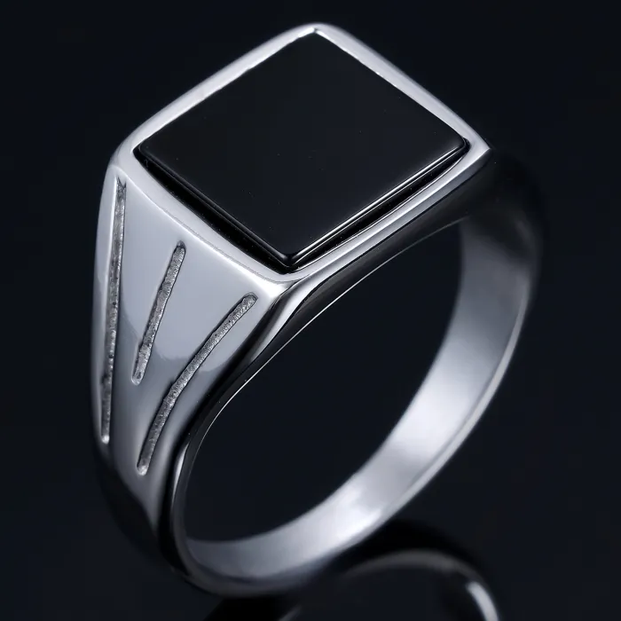Black Gemstone Ring – Minimalist Retro High-Street Style Stainless Steel Fashion Jewelry | Unisex Statement Ring | Wholesale