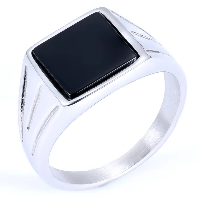 Black Gemstone Ring – Minimalist Retro High-Street Style Stainless Steel Fashion Jewelry | Unisex Statement Ring | Wholesale