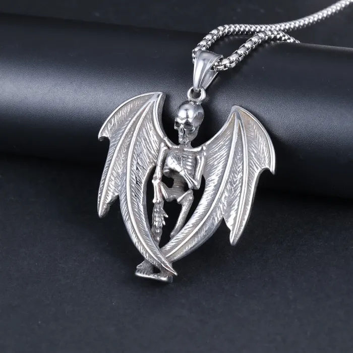 Bat Skeleton Pendant – Gothic Stainless Steel Skull Bone Necklace | Unique Horror-Inspired Jewelry for Men | Factory Direct | Non-Fading