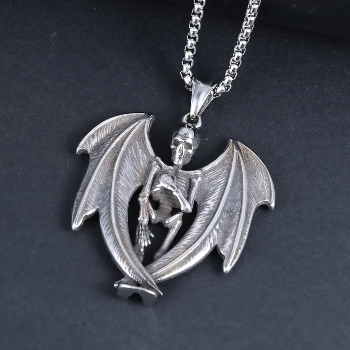 Bat Skeleton Pendant – Gothic Stainless Steel Skull Bone Necklace | Unique Horror-Inspired Jewelry for Men | Factory Direct | Non-Fading