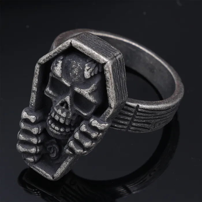 Vintage Rose Coffin Skull Ring – Gothic Stainless Steel Skeleton Flower Design | Punk Style Statement Jewelry | Men's Ring