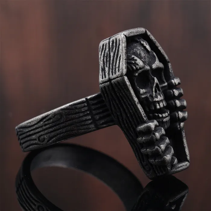Vintage Rose Coffin Skull Ring – Gothic Stainless Steel Skeleton Flower Design | Punk Style Statement Jewelry | Men's Ring