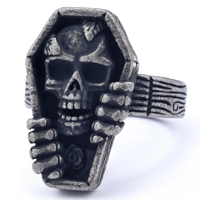 Vintage Rose Coffin Skull Ring – Gothic Stainless Steel Skeleton Flower Design | Punk Style Statement Jewelry | Men's Ring