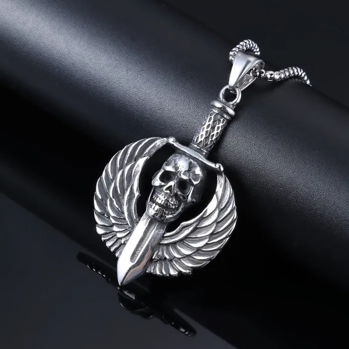 Skull Wings Sword Pendant – Vintage Punk Stainless Steel Necklace for Men | Gothic Style | Minimalist Trendy Jewelry