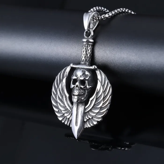 Skull Wings Sword Pendant – Vintage Punk Stainless Steel Necklace for Men | Gothic Style | Minimalist Trendy Jewelry