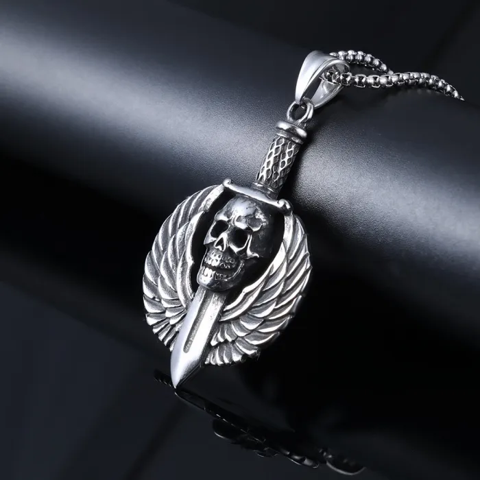 Skull Wings Sword Pendant – Vintage Punk Stainless Steel Necklace for Men | Gothic Style | Minimalist Trendy Jewelry