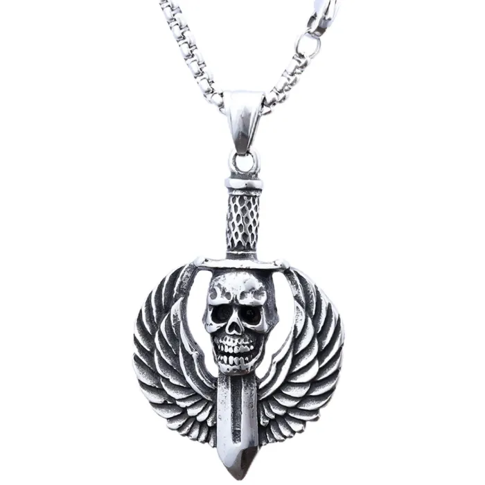 Skull Wings Sword Pendant – Vintage Punk Stainless Steel Necklace for Men | Gothic Style | Minimalist Trendy Jewelry