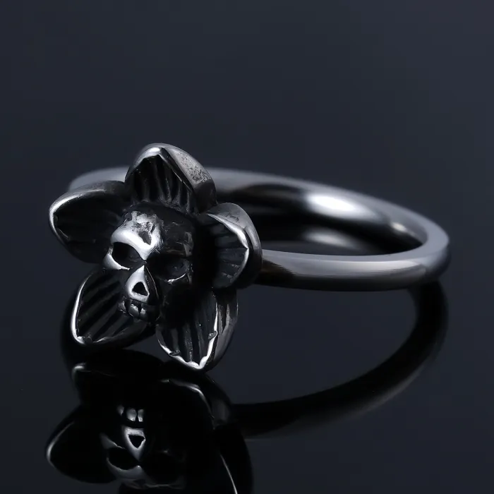 Skull & Flower Ring – Punk Style Stainless Steel Retro Floral Skeleton Ring for Women | Gothic Statement Jewelry | Ready Stock