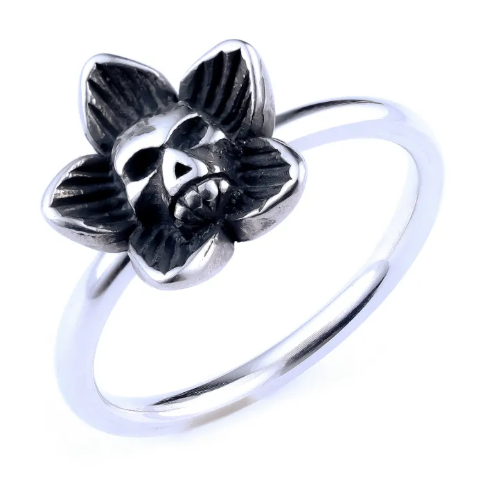 Skull & Flower Ring – Punk Style Stainless Steel Retro Floral Skeleton Ring for Women | Gothic Statement Jewelry | Ready Stock