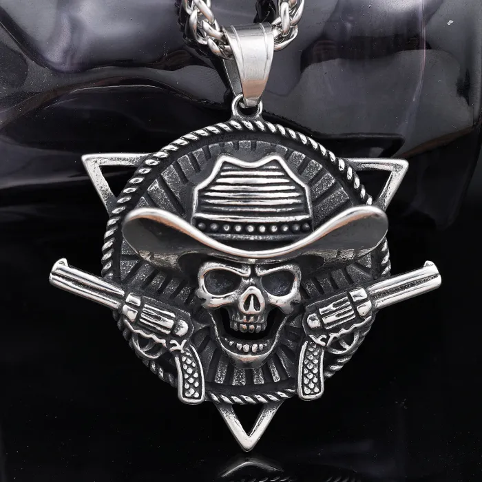 Pirate Skull Pendant – Dual Pistols Western Cowboy Skeleton Necklace in Stainless Steel | Punk Gothic Jewelry | Wholesale Available