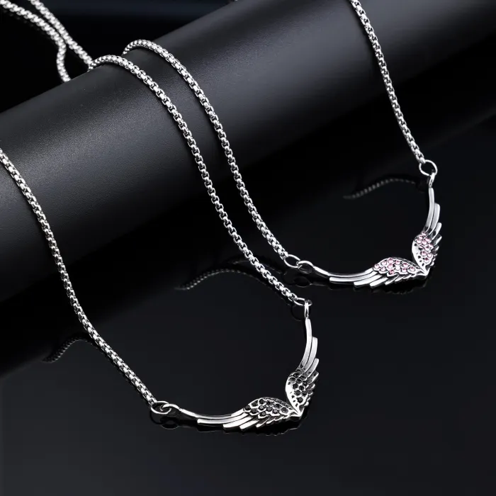Angel Wing Couple Pendant – Delicate Stainless Steel Necklace with Pink & Black Crystals | Romantic Jewelry | Unisex | Wholesale