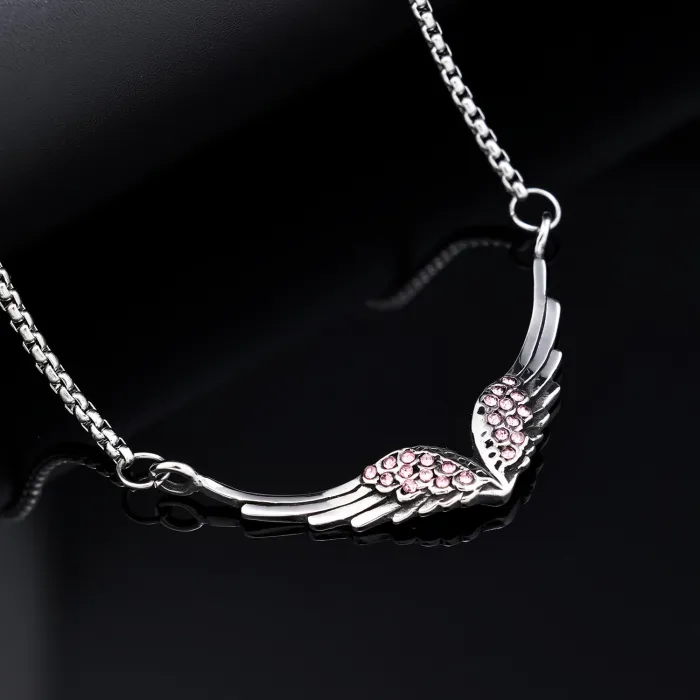 Angel Wing Couple Pendant – Delicate Stainless Steel Necklace with Pink & Black Crystals | Romantic Jewelry | Unisex | Wholesale