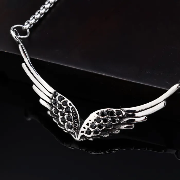 Angel Wing Couple Pendant – Delicate Stainless Steel Necklace with Pink & Black Crystals | Romantic Jewelry | Unisex | Wholesale