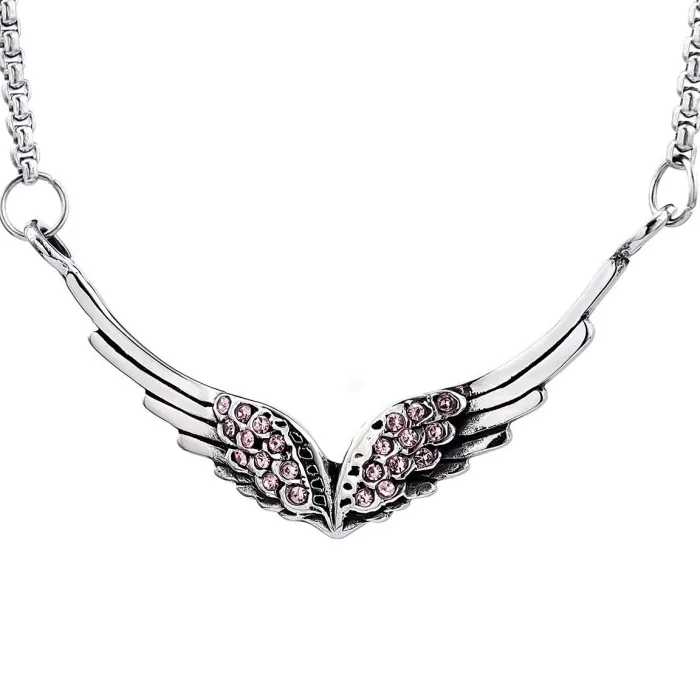 Angel Wing Couple Pendant – Delicate Stainless Steel Necklace with Pink & Black Crystals | Romantic Jewelry | Unisex | Wholesale