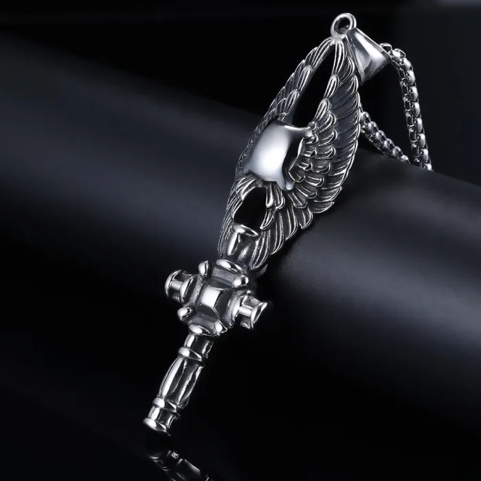 Hot-Selling Angel Wings & Cross Pendant – Stainless Steel Gothic Necklace | In Stock & Dropshipping Ready
