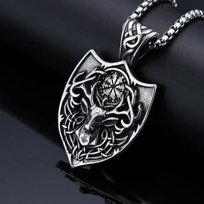 Trendy Ram Head & Compass Shield Pendant – Stylish Stainless Steel Necklace for Men