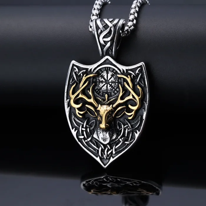 Trendy Ram Head & Compass Shield Pendant – Stylish Stainless Steel Necklace for Men
