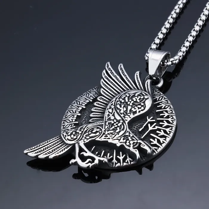 Viking Eagle Pendant Necklace – Nordic Mythology Round Stainless Steel Sweater Chain