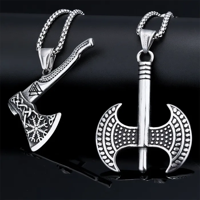 Trendy Viking Double-Headed Axe Pendant – Matte Stainless Steel Necklace