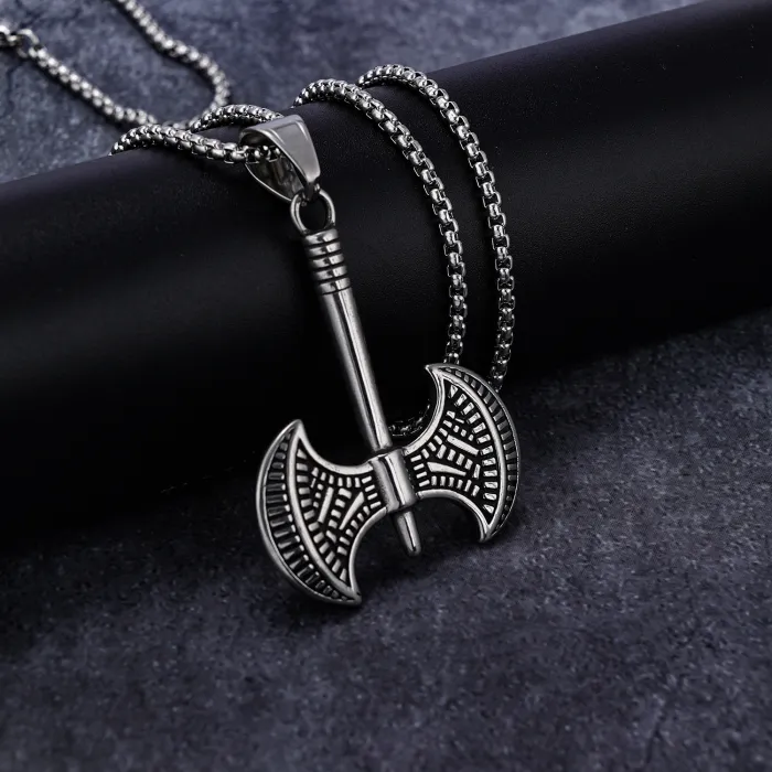 Trendy Viking Double-Headed Axe Pendant – Matte Stainless Steel Necklace