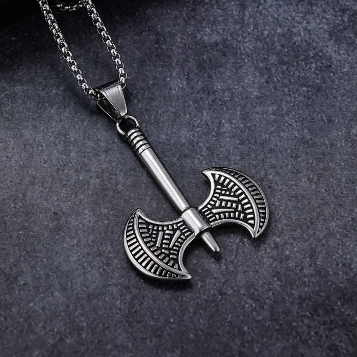 Trendy Viking Double-Headed Axe Pendant – Matte Stainless Steel Necklace