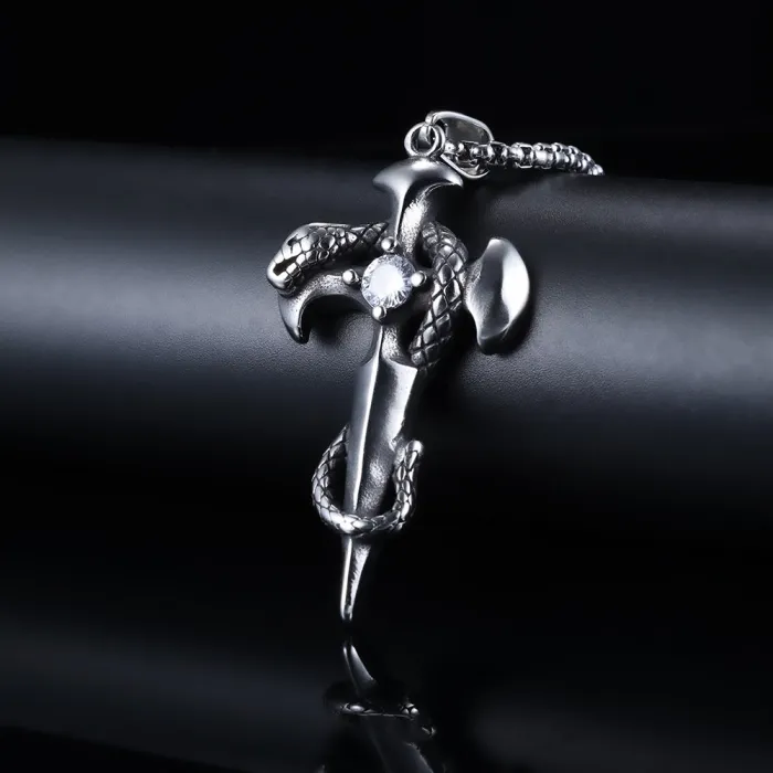 Hot-Selling Bold Snake Cross Pendant – White Crystal Inlaid Stainless Steel Necklace
