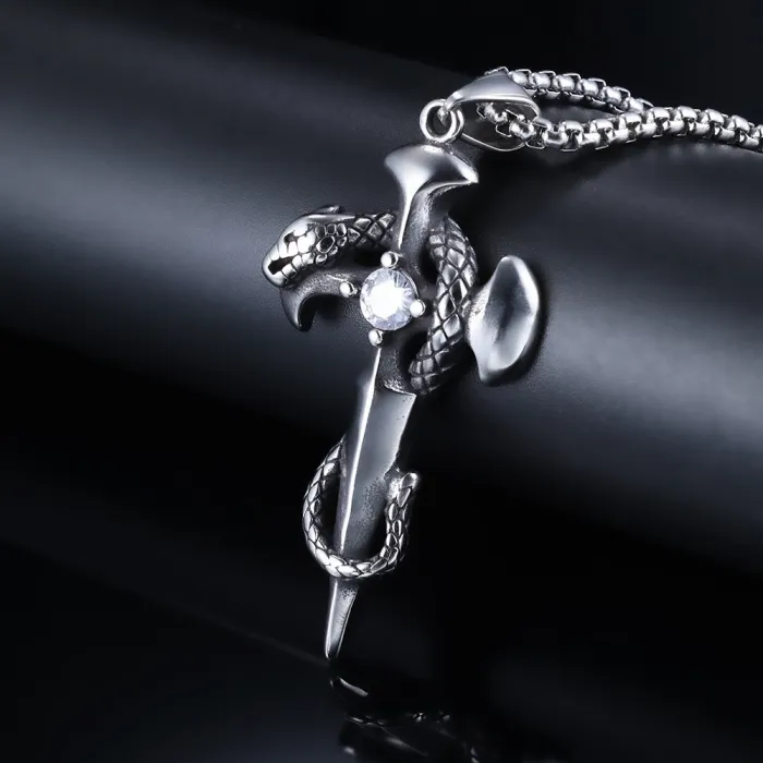 Hot-Selling Bold Snake Cross Pendant – White Crystal Inlaid Stainless Steel Necklace