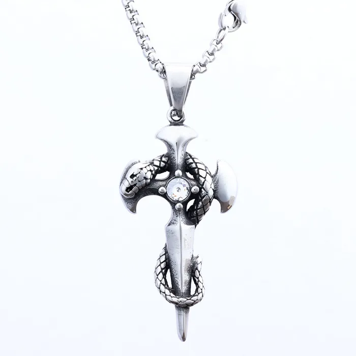Hot-Selling Bold Snake Cross Pendant – White Crystal Inlaid Stainless Steel Necklace