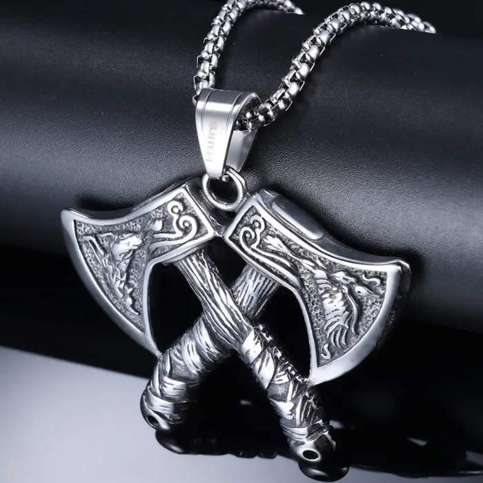 Wholesale Nordic Double Axe Pendant – Viking Style Stainless Steel Necklace for Men | Bold Jewelry Bulk Supplier