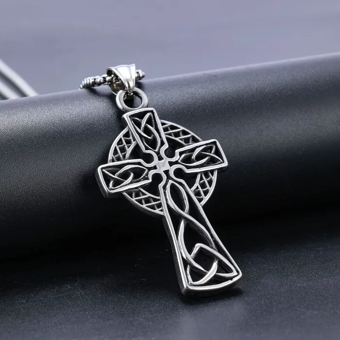 Vintage Viking Totem Cross Pendant – Retro Street Style Stainless Steel Necklace